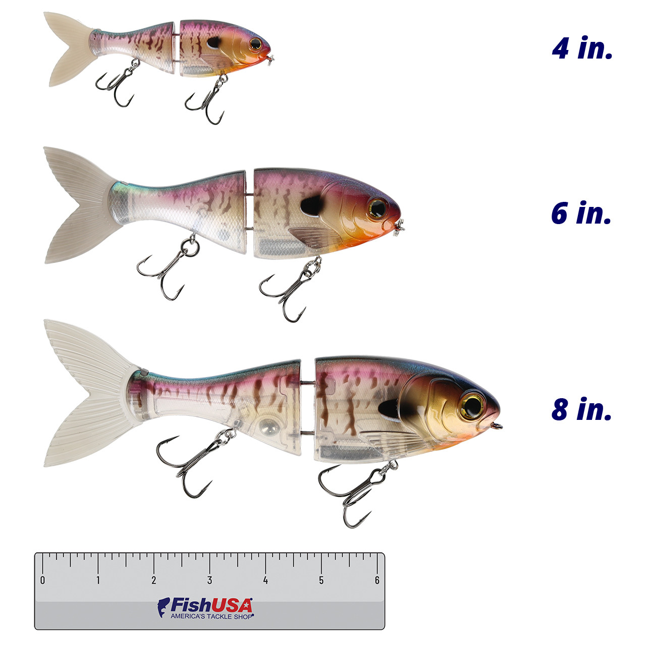 Bucca Brand Trick Shad Glide Bait color Ghost Gill in all sizes (4 in., 6 in., 8 in.) above a 6 inch FishUSA ruler