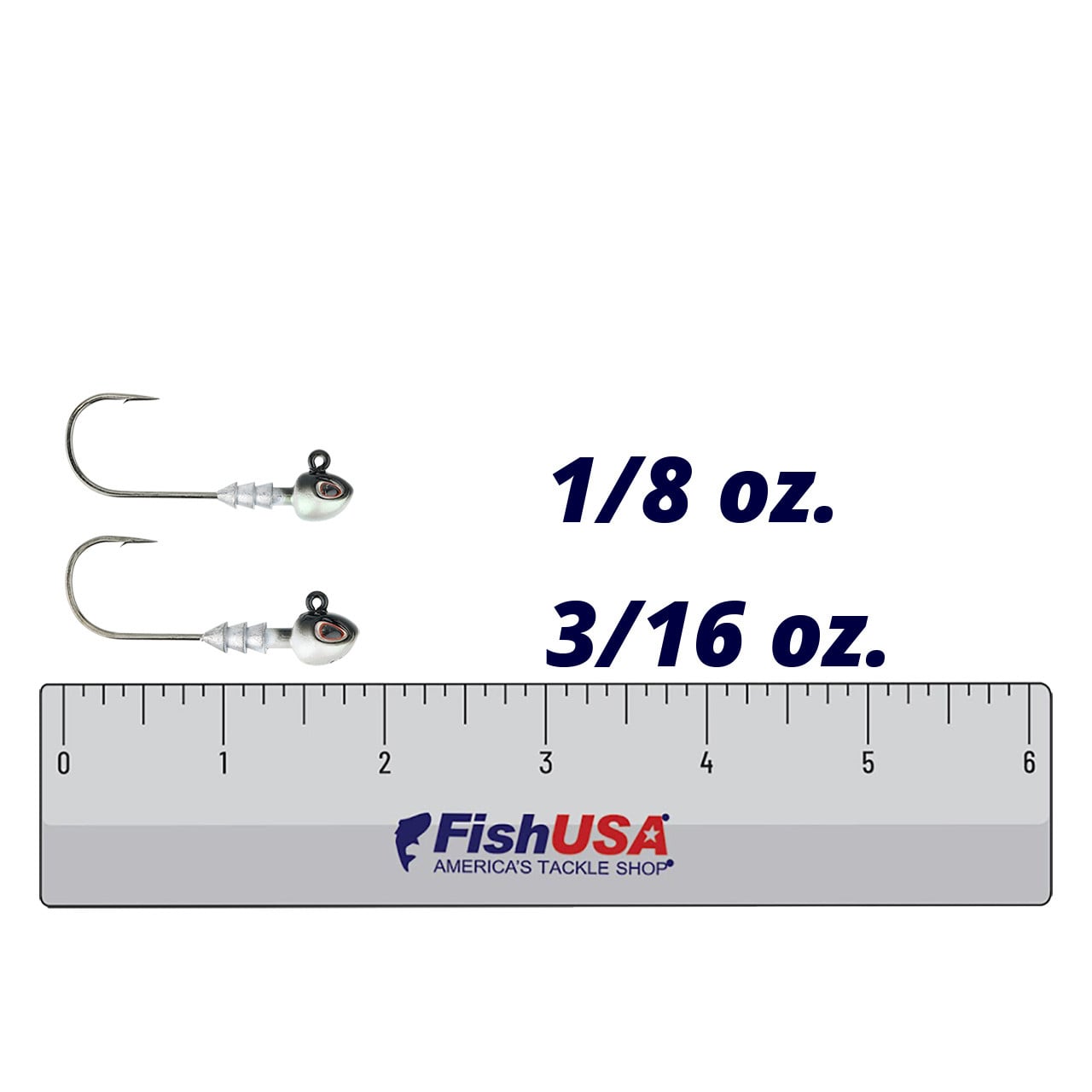 Berkley Fusion19 Hybrid Jighead - Size 3/0 color Fish Head 1/8 oz. and 3/16 oz. against a FishUSA ruler for size comparison