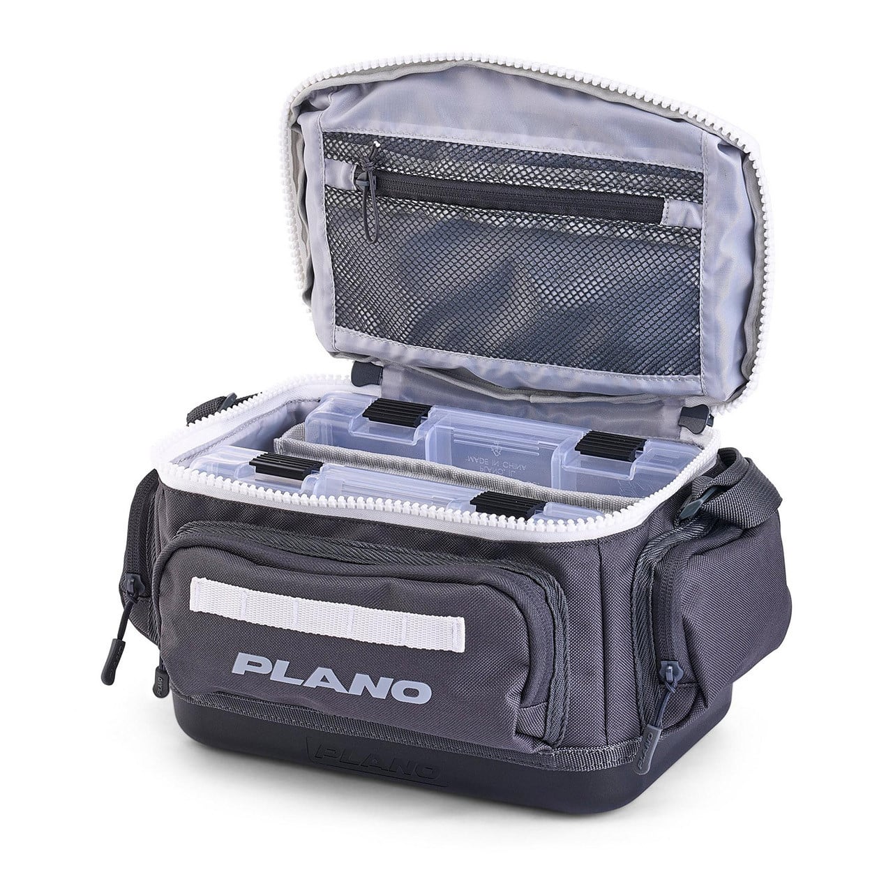 Plano Weekend Tackle Bag model 3500 Slate color showing the included 2 StowAway utility boxes inside
