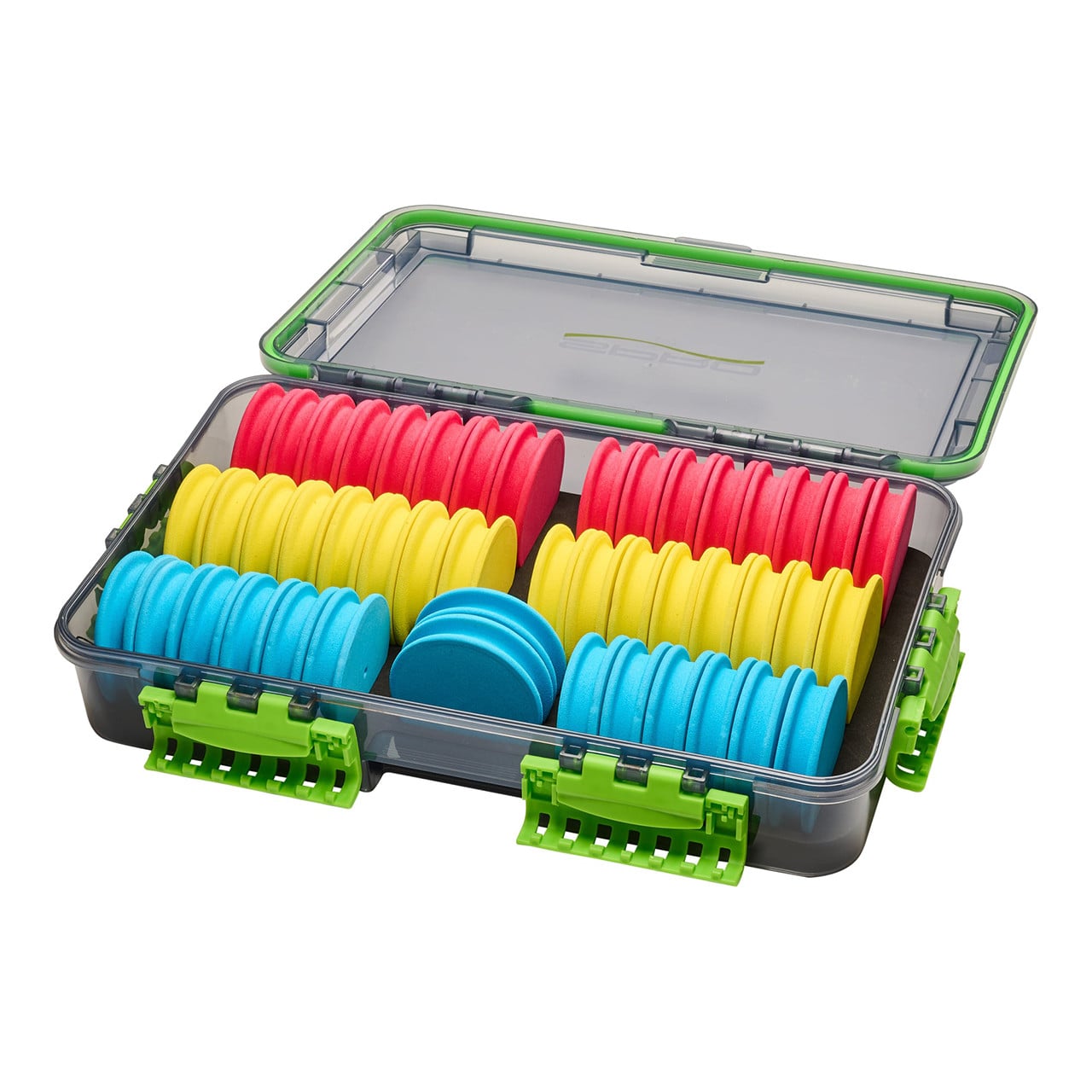 SPRO 3700 Deep Waterproof Rigging Box open showing the included soft foam spools