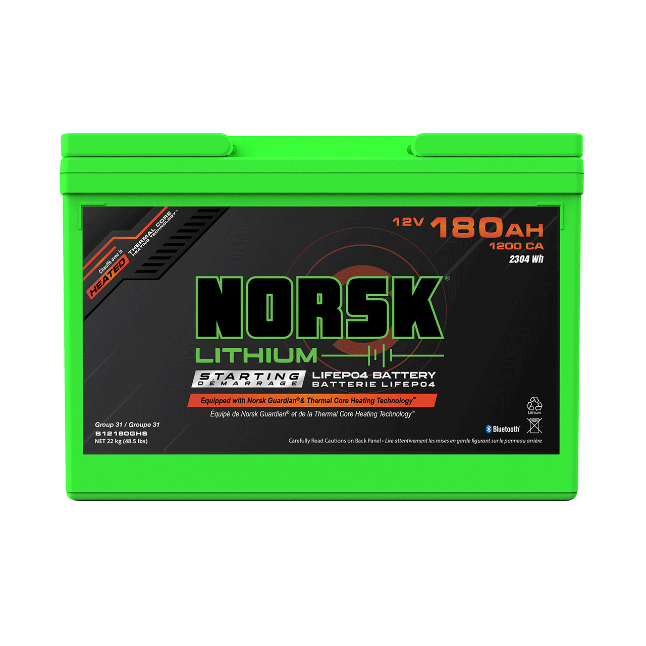 Norsk 12V 180AH LiFePO4 Marine Cranking Battery – Heated