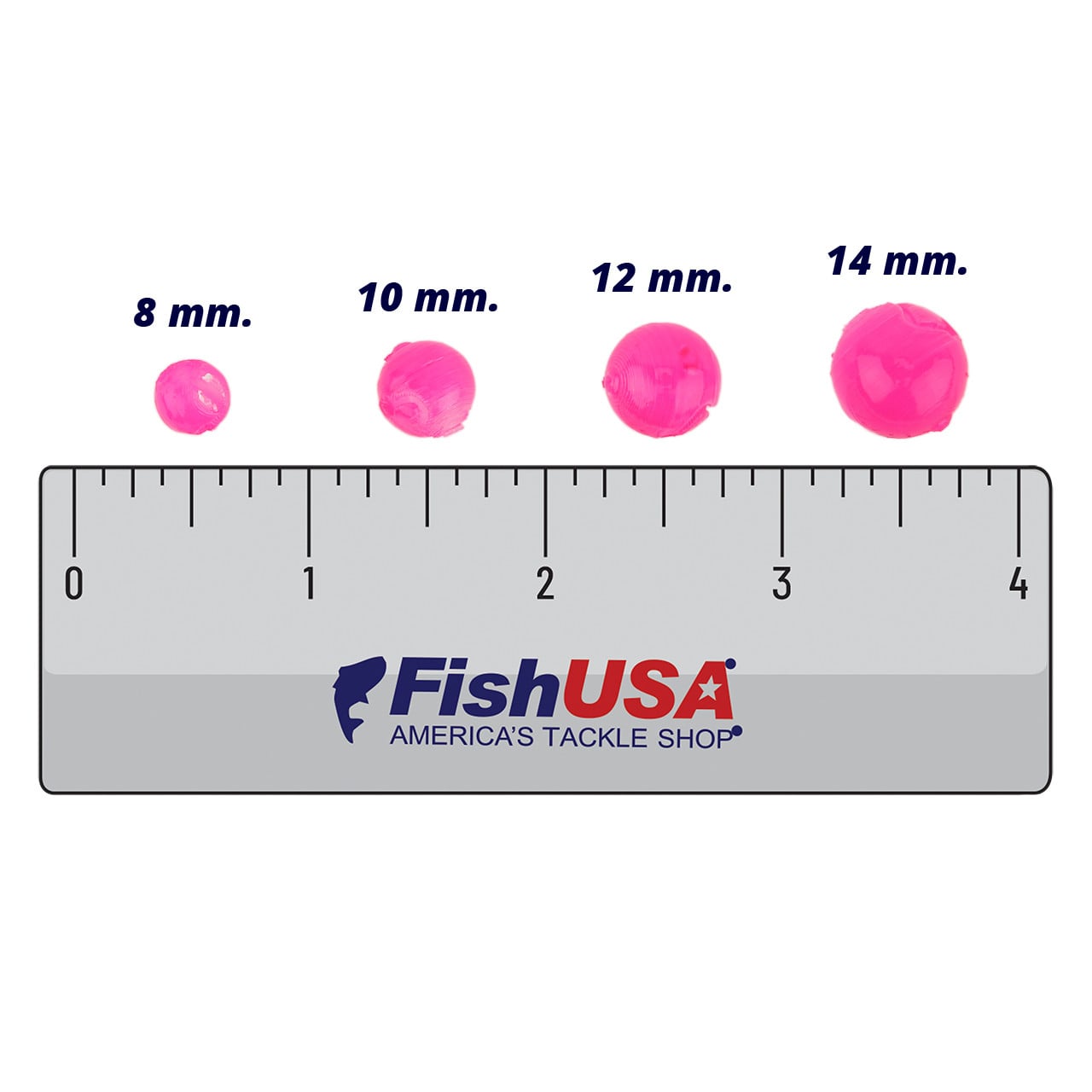 Robolize Mercurial Floating Beads color Pulsar in all sizes (8 mm., 10 mm., 12 mm., 14 mm.) above a 4 inch FishUSA Ruler