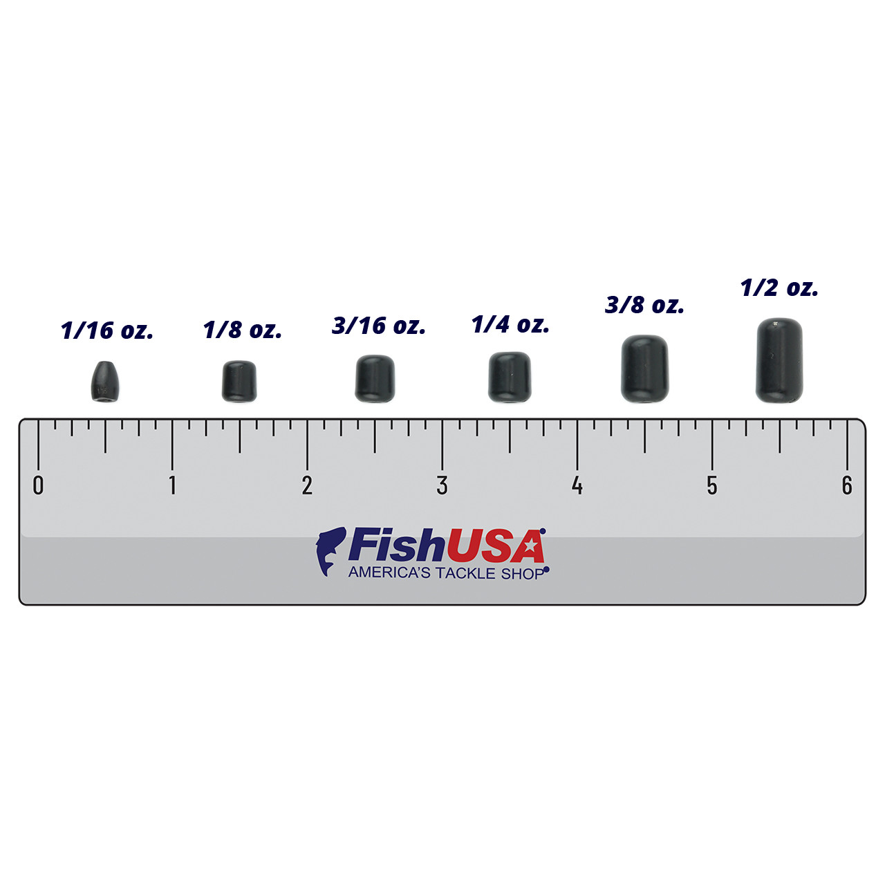 ATX Lure Company Tungsten Barrel Weights in all sizes (1/16 oz., 1/8 oz., 3/16 oz., 1/4 oz., 3/8 oz., 1/2 oz.) above a 6 inch FishUSA ruler