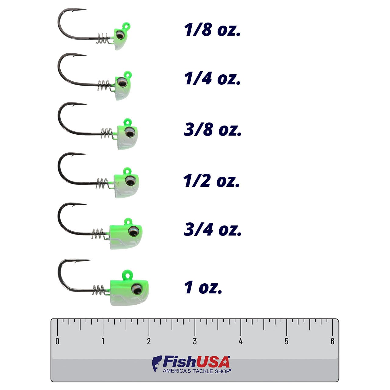 No Live Bait Needed Jig Heads color Limesider in all sizes (1/8 oz., 1/4 oz., 3/8 oz., 1/2 oz., 3/4 oz., 1 oz.) above a 6 inch FishUSA ruler