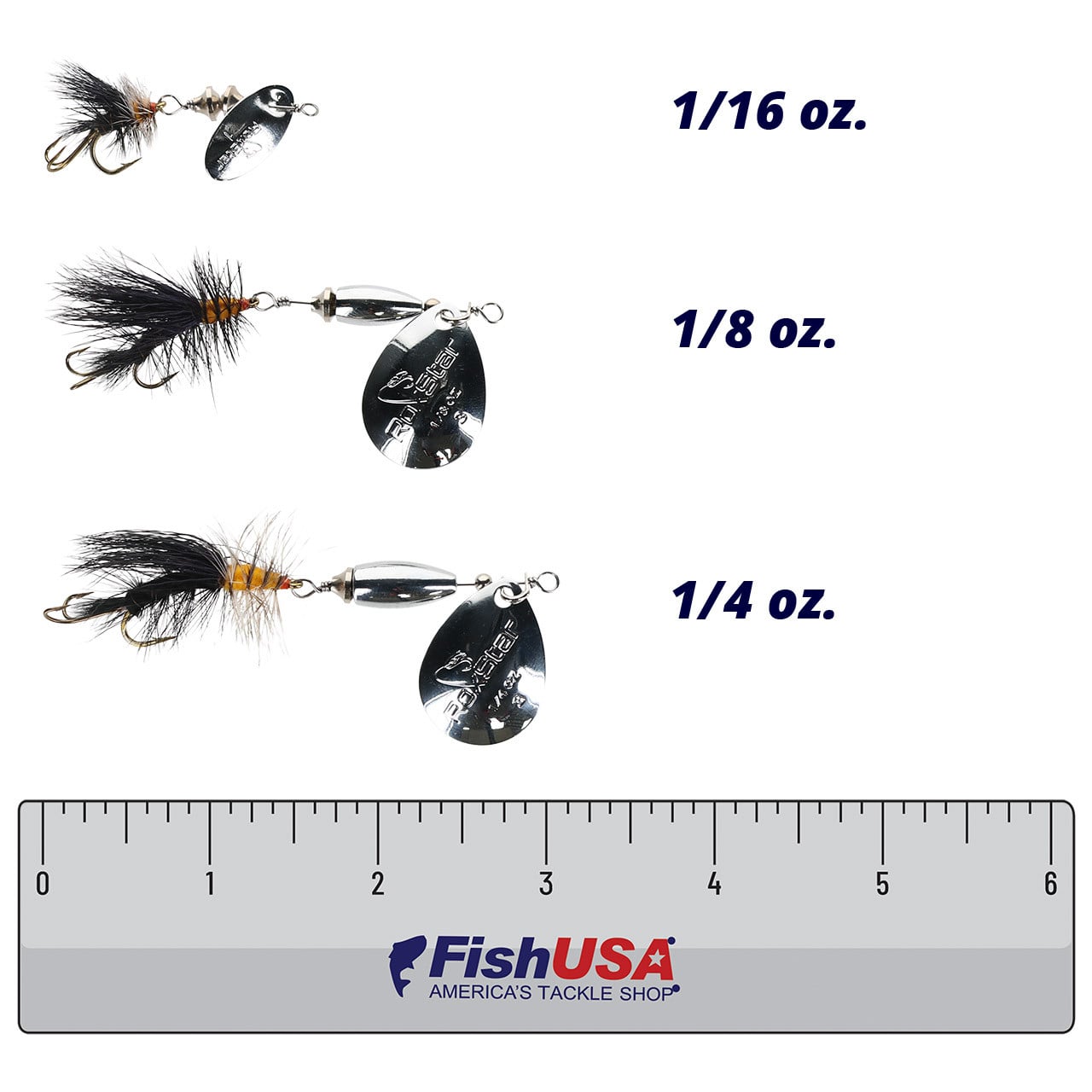 RoxStar Fly Striker Spinner color Black-Silver in all sizes (1/16 oz., 1/8 oz., 1/4 oz.) above a 6 inch FishUSA ruler