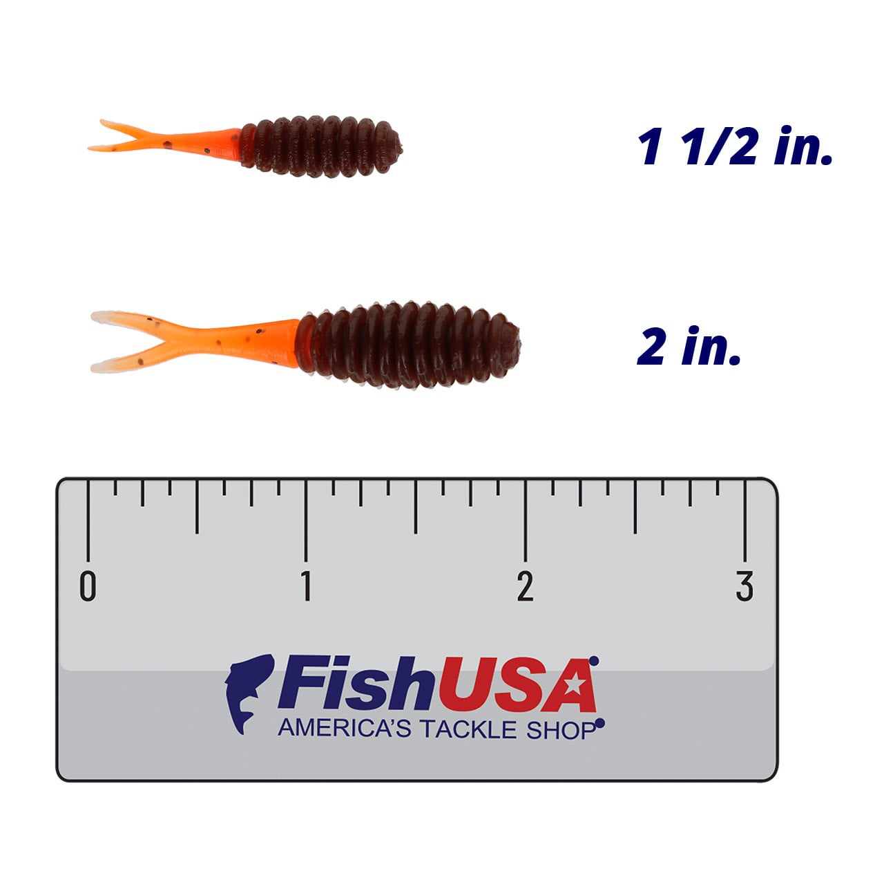 Snacky Lures Fork Tail Soft Bait color Herb in both sizes (1 1/2 in., 2 in.) above a 3 inch FishUSA ruler