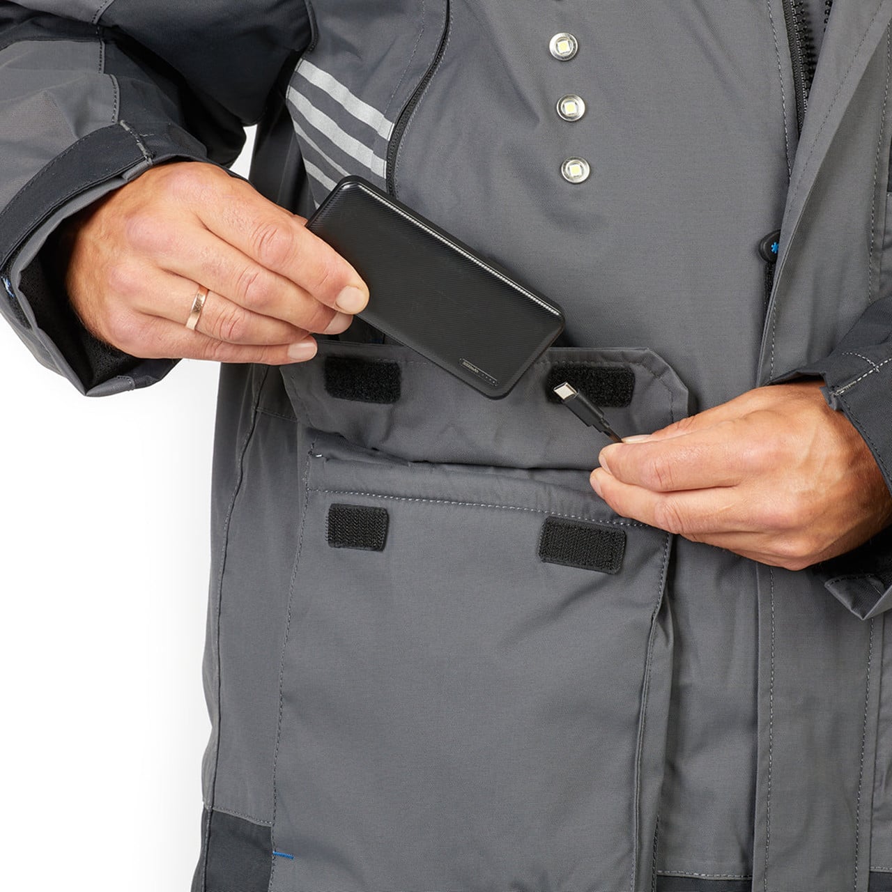 Norfin Evolution LED Float Parka Type-C charging connection located in the front pocket