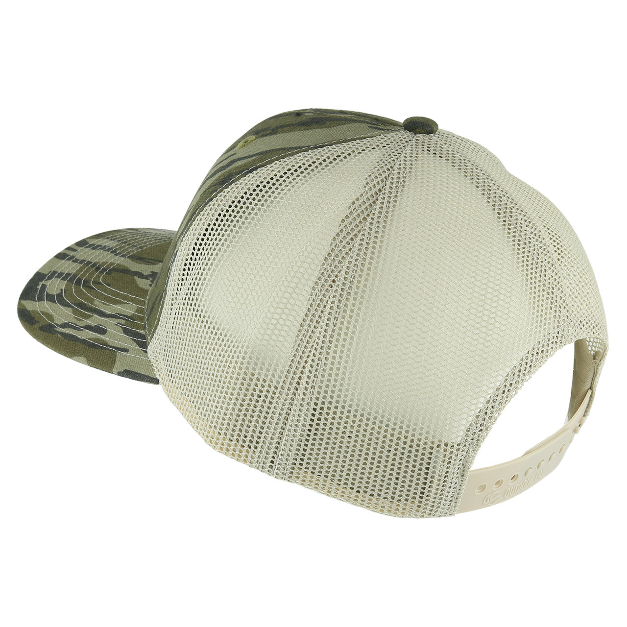 FishUSA Camo Trucker Patch Hat side profile of off-white mesh