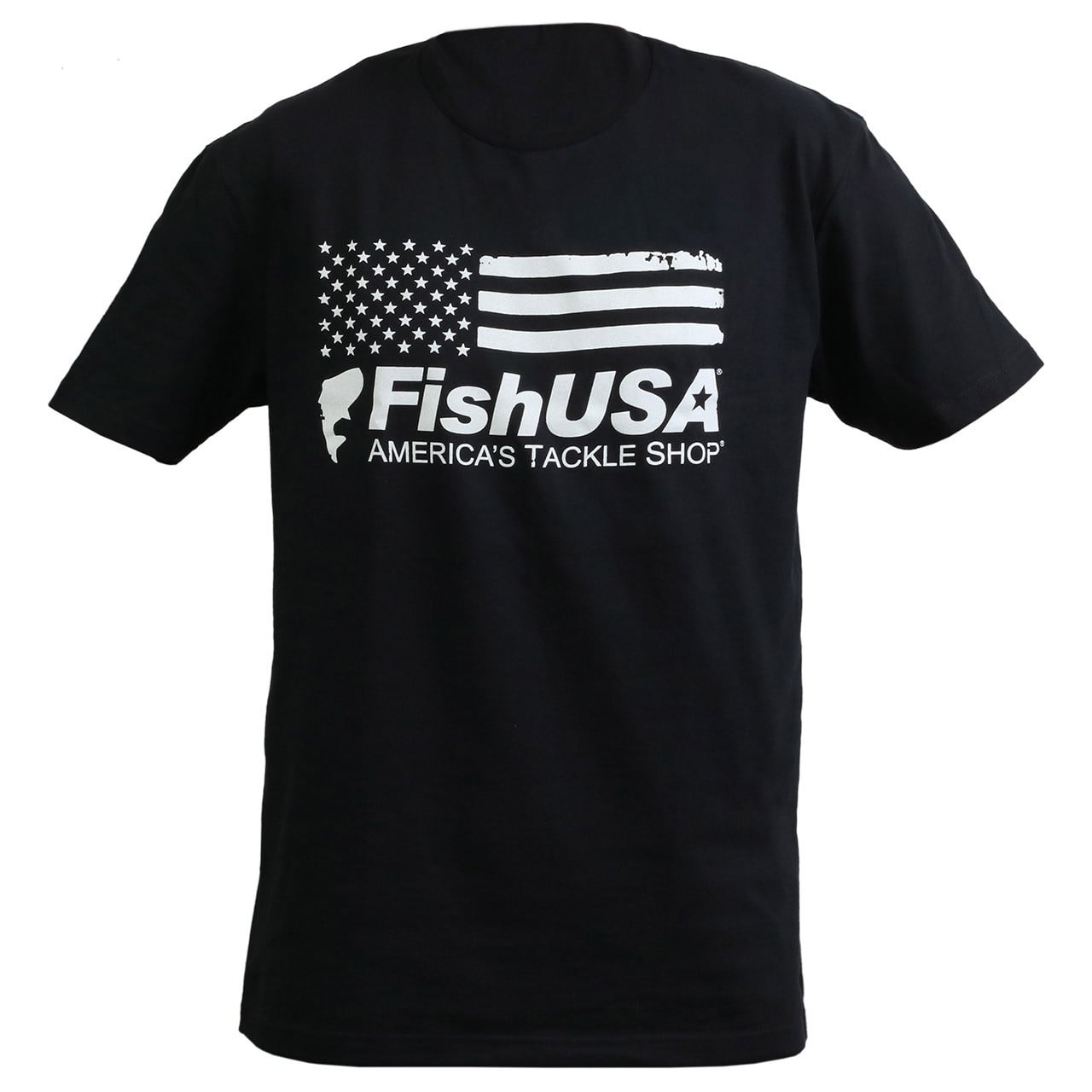 FishUSA Black Ops T-Shirt with America's Tackle Shop flag logo across chest