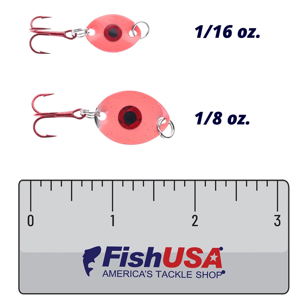 JB Lures Jig Eye Jigging Spoon color Neon Red in both sizes (1/16 oz., 1/8 oz.) above a 3 inch FishUSA ruler
