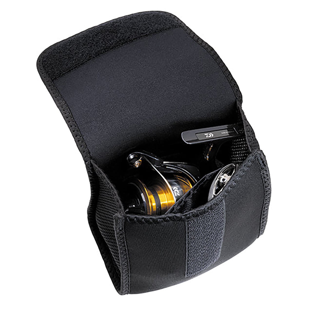 Daiwa Neoprene Spinning Reel Cover, Medium, open with reel inside. Reel not included.
