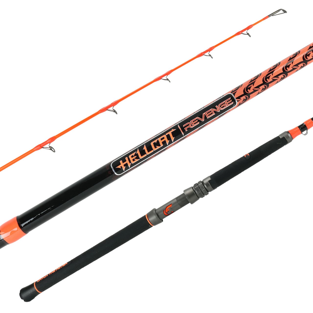 Catch The Fever HellCat Revenge Spinning Rod tri picture color orange showing guides, blank and handle.
