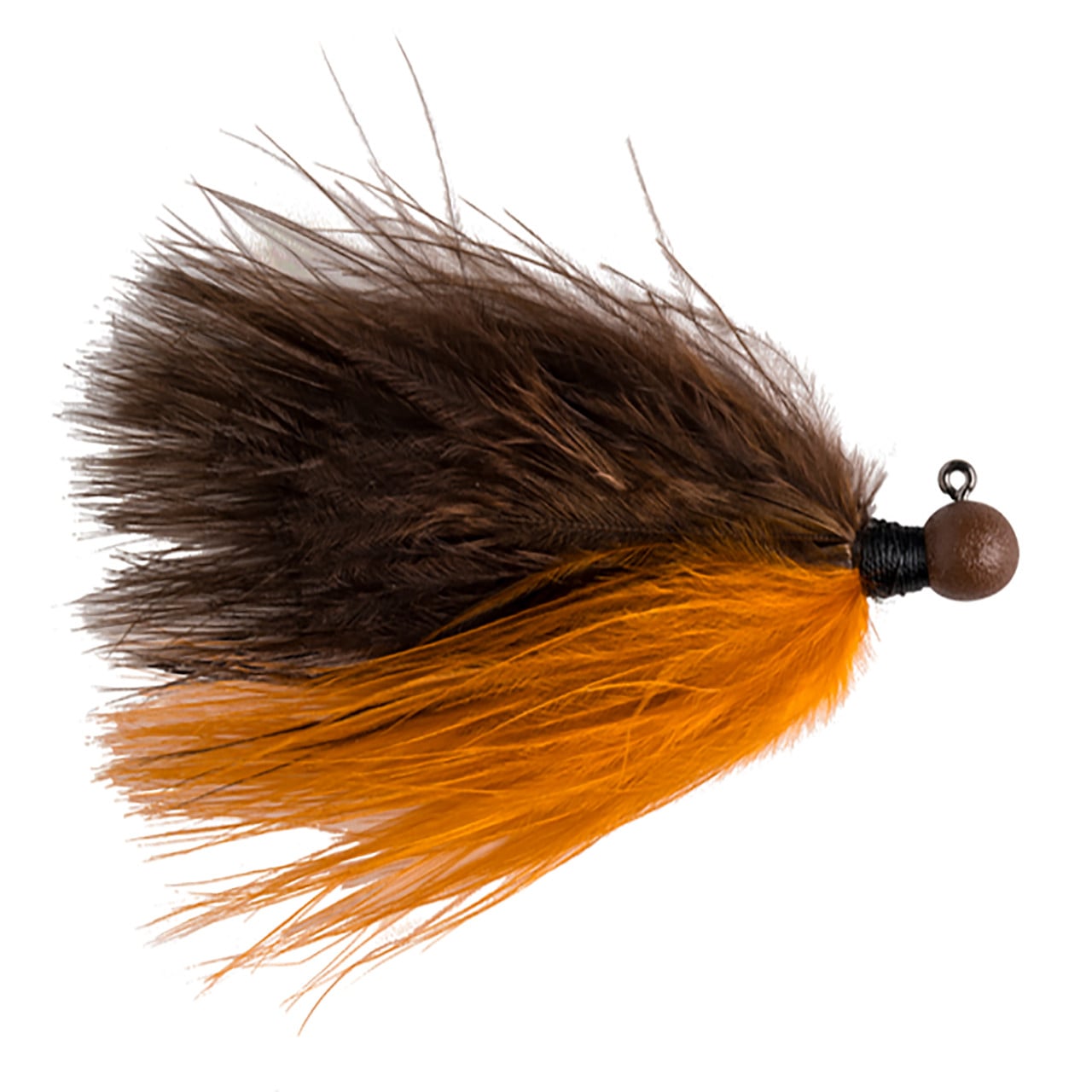 Great Lakes Finesse Marabou Jig in Brown Orange, a hand-tied jig with a matte brown head and soft orange belly.