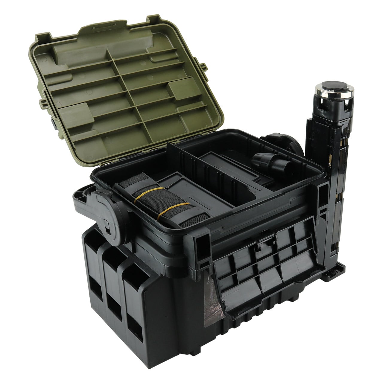 Firefly Marine Shorestacker Box with top compartment open, revealing tackle storage area