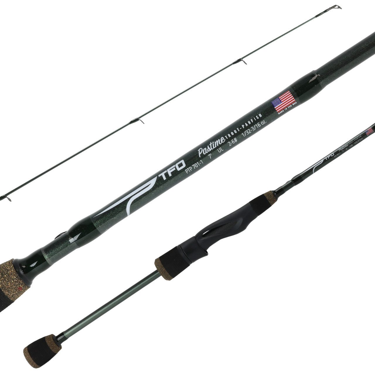 Temple Fork Outfitters Pastime Trout & Panfish Spinning Rod tri pic overview showing blank, guides, and handle layout