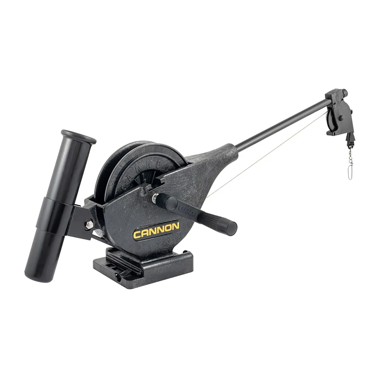 Cannon Lake-Troll Manual Downrigger full 3/4 view showing boom, rod holder, spool, and mounting base.