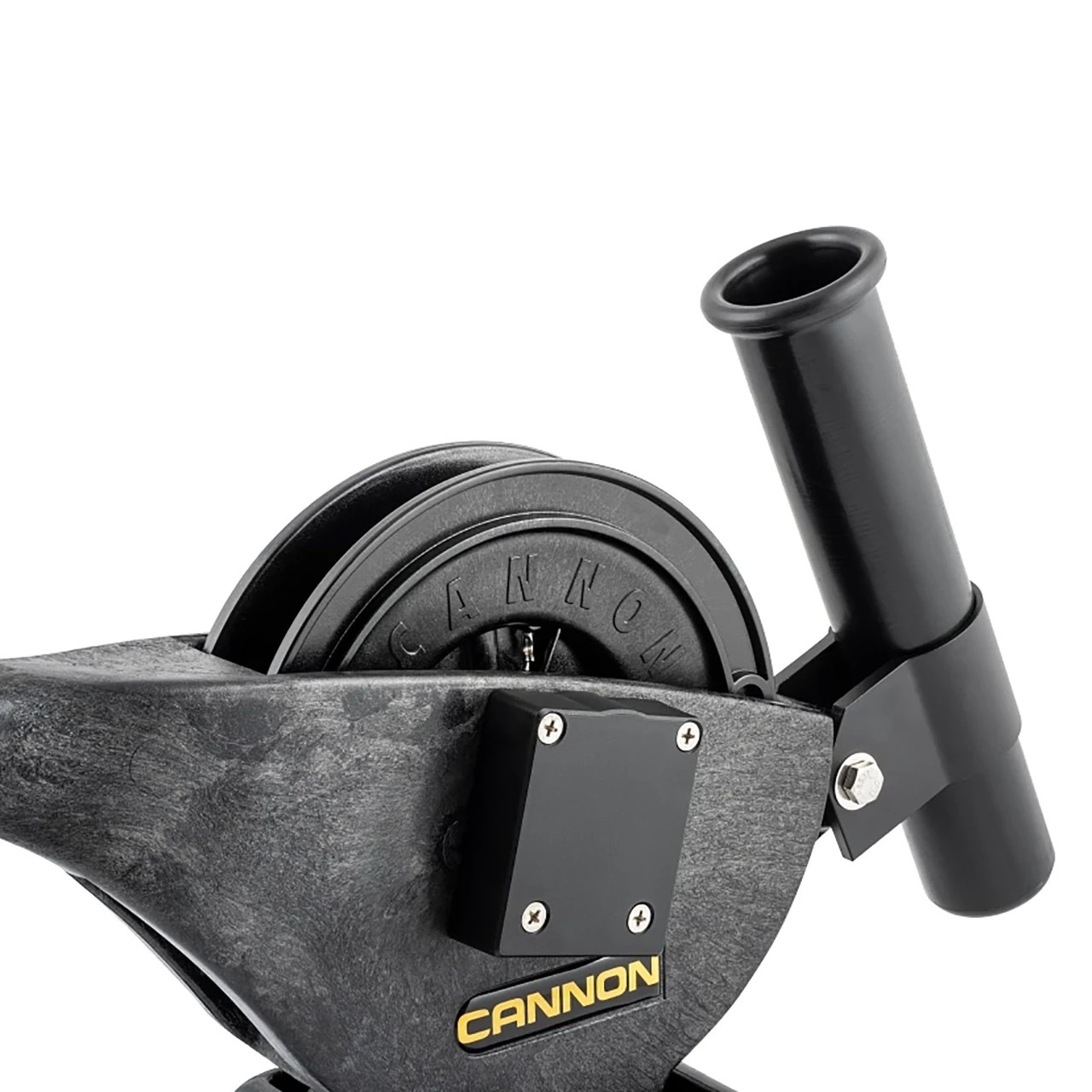 Cannon Lake-Troll Downrigger close-up of fixed tube-style rod holder mounted next to the spool housing.