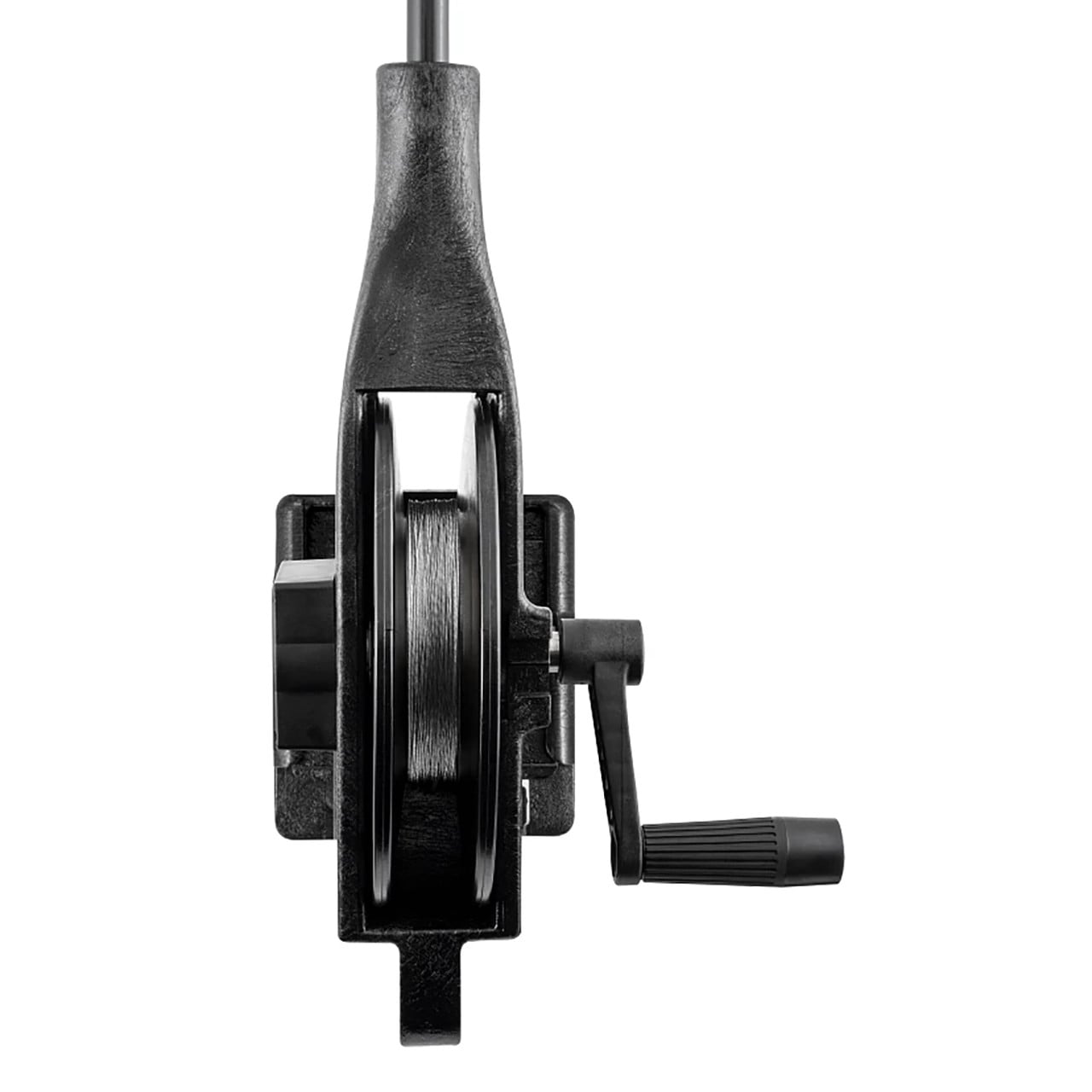 Cannon Lake-Troll Downrigger top-down view showing spool, handle, and mounting alignment.