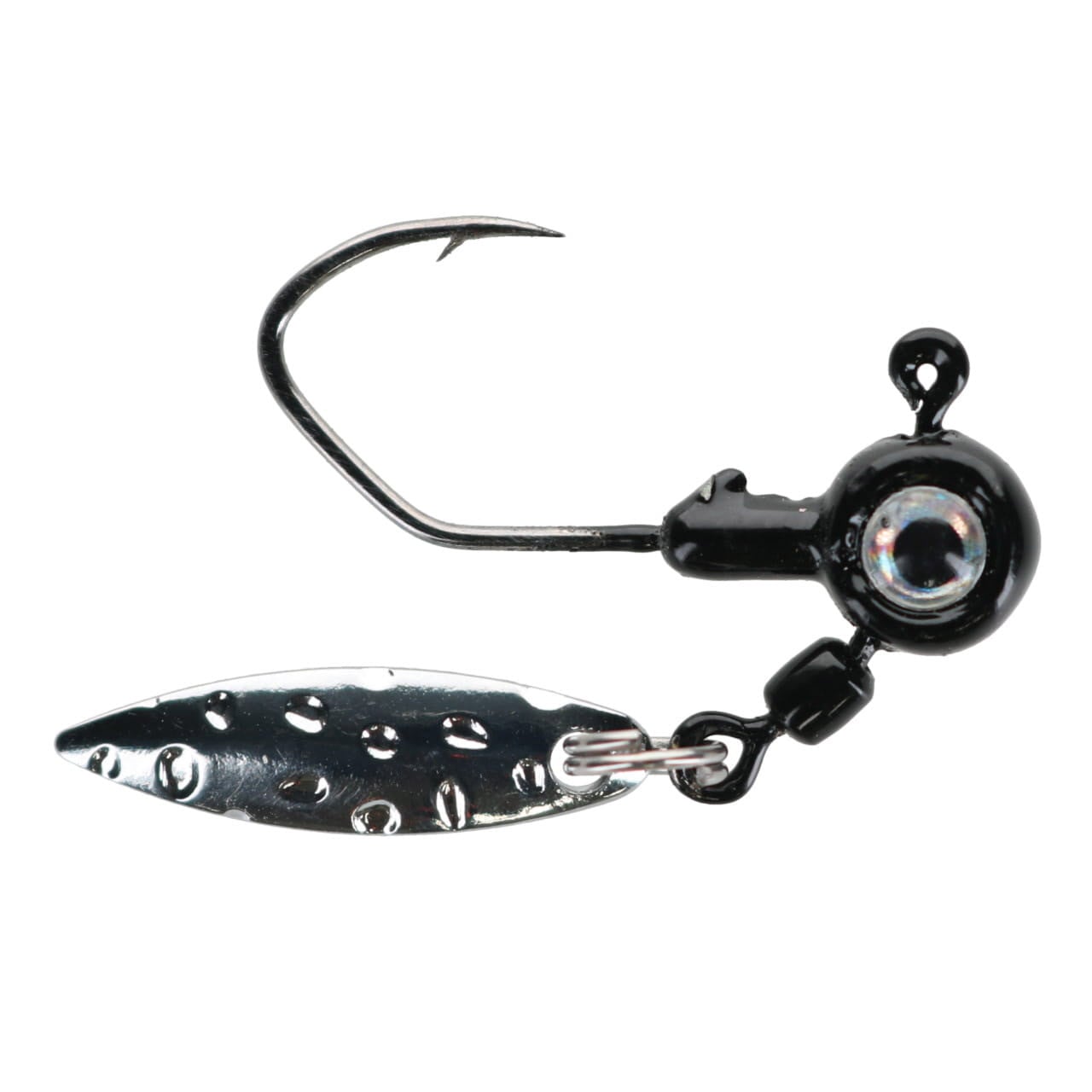 BrushPile Jig Head Spinners in Black, a sickle hook jig with spinner blade, 3D eyes, and lead keeper for crappie and panfish.