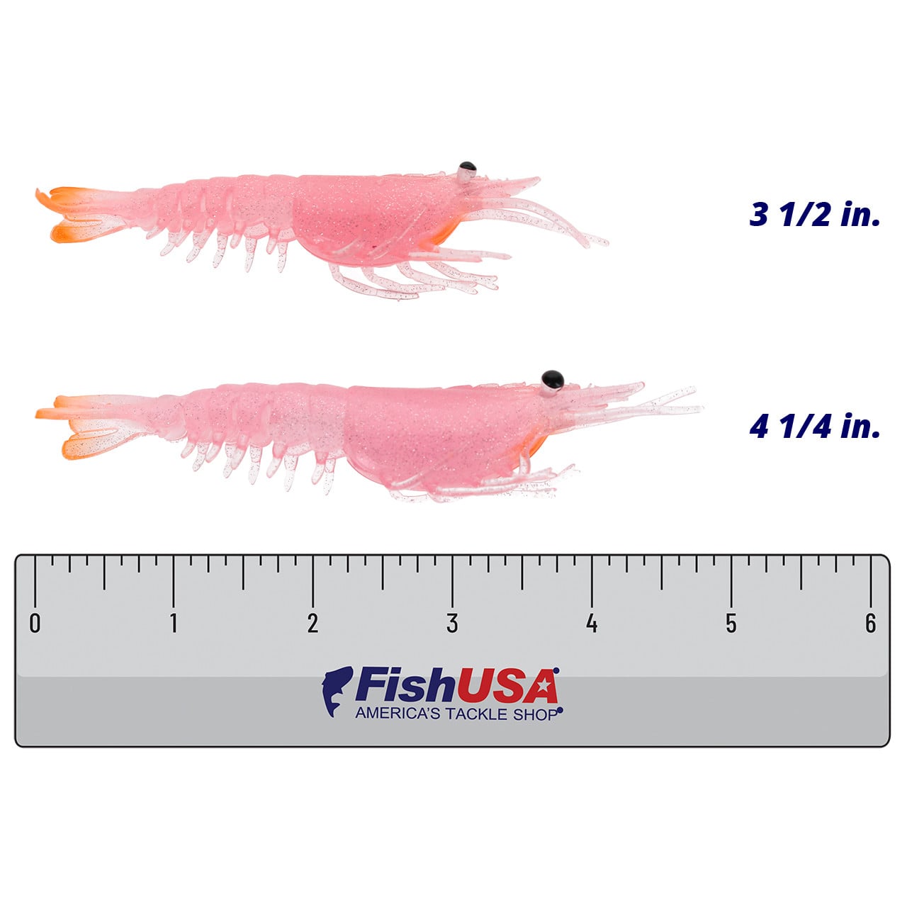 Nomad Design Live Ops Switcher Shrimp Softbait color Pink Swagger in both sizes (3 1/2 in., 4 1/4 in.) above a 6 inch FishUSA ruler