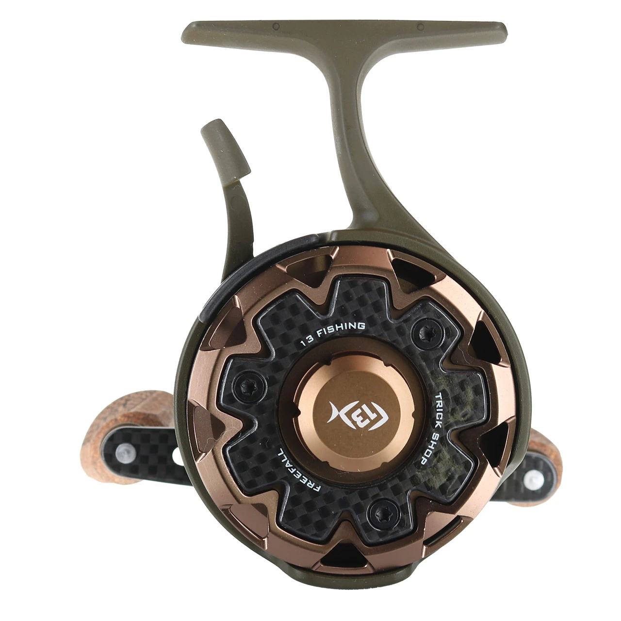 13 Fishing 2025 Special Edition Trick Shop Inline Ice Reel on the reel side
