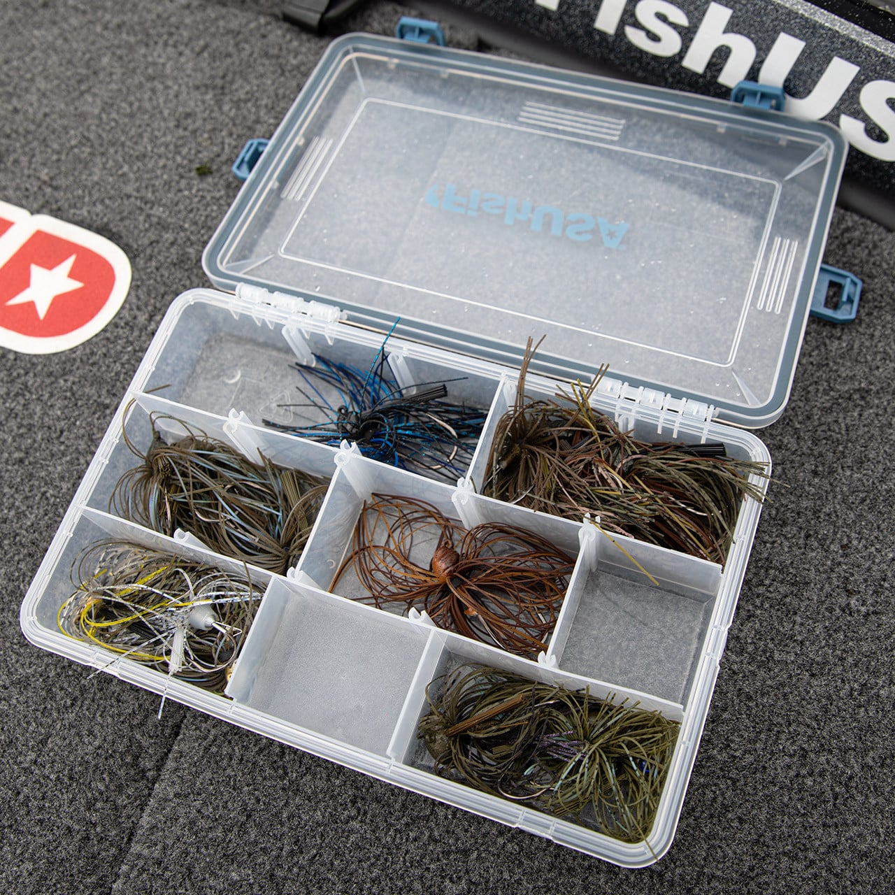 FishUSA Flagship Medium Waterproof Tackle Box opened (baits pictured not included)