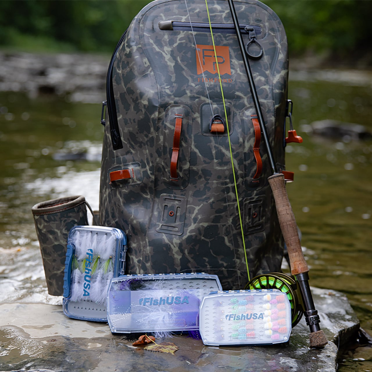 FishUSA Flagship Dual Sided Fly & Jig Box and FishUSA Flagship Magnetic Fly Box in use all together (bag, rod and fly's not included)