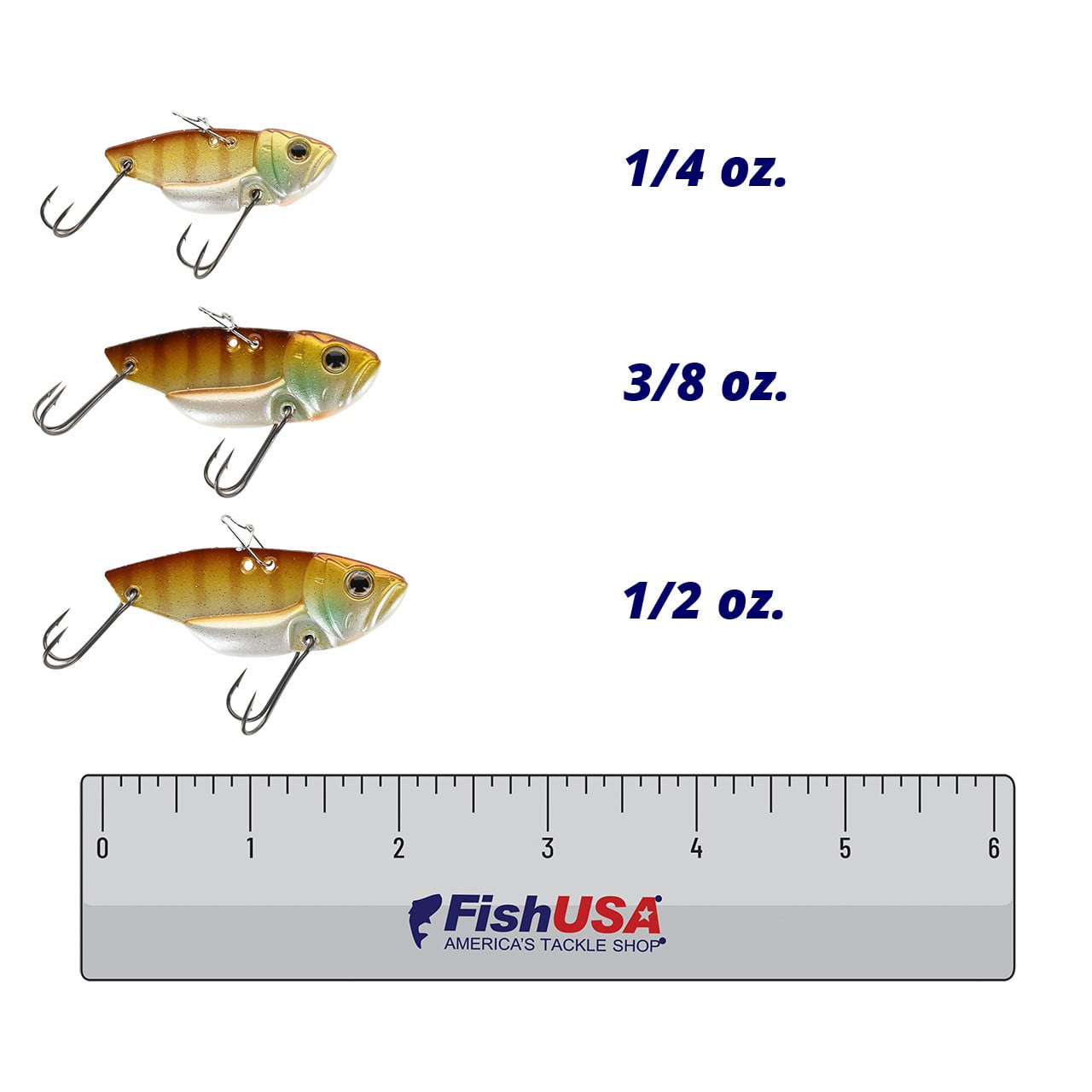 Deps Circuit Vibe Blade Bait color Mustard Gill in all sizes (1/4 oz., 3/8 oz., 1/2 oz.) above a 6 inch FishUSA ruler