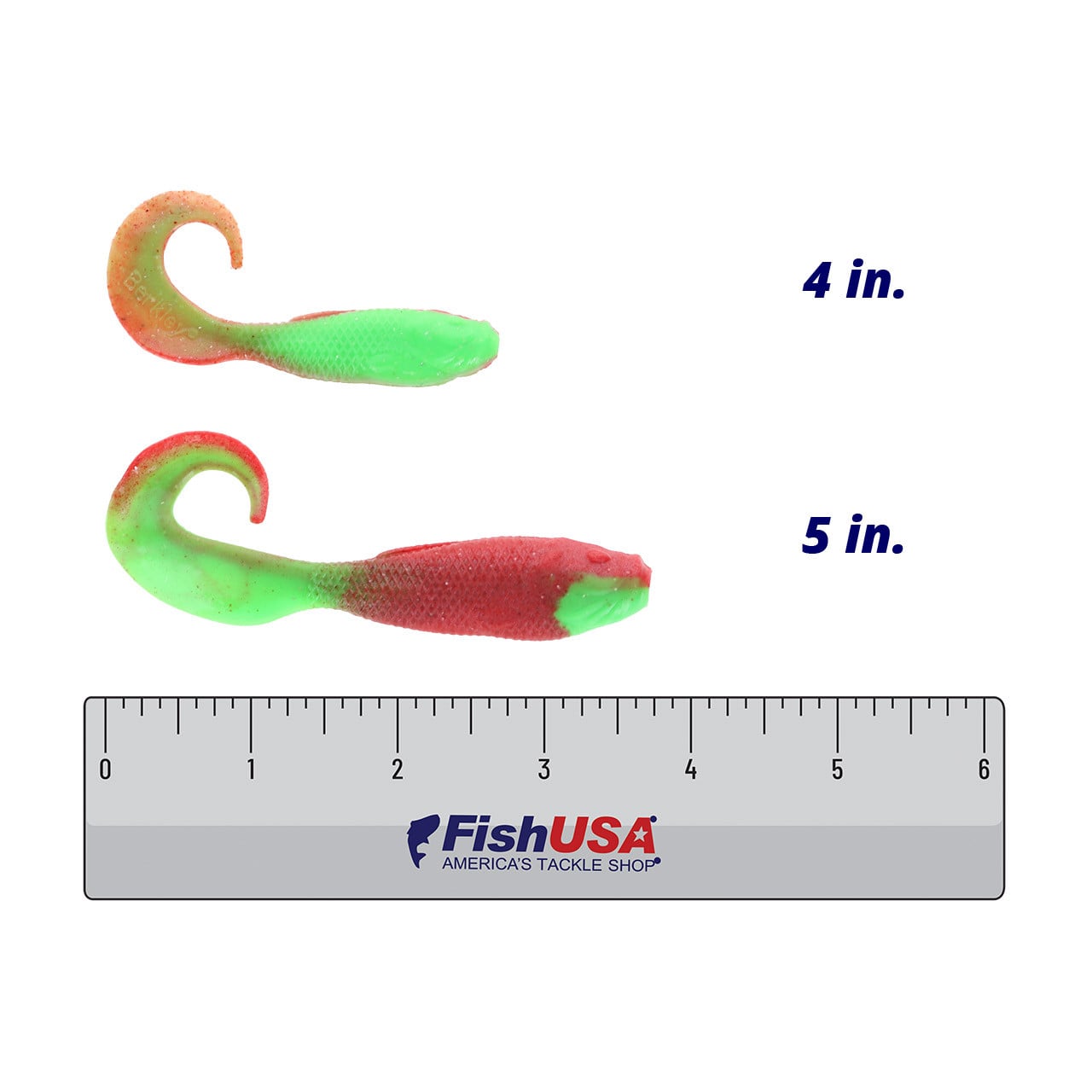 Berkley Gulp! Saltwater Swimming Mullet color Nuclear Chicken in both sizes (4 in., 5in.) above a 6 inch FishUSA ruler