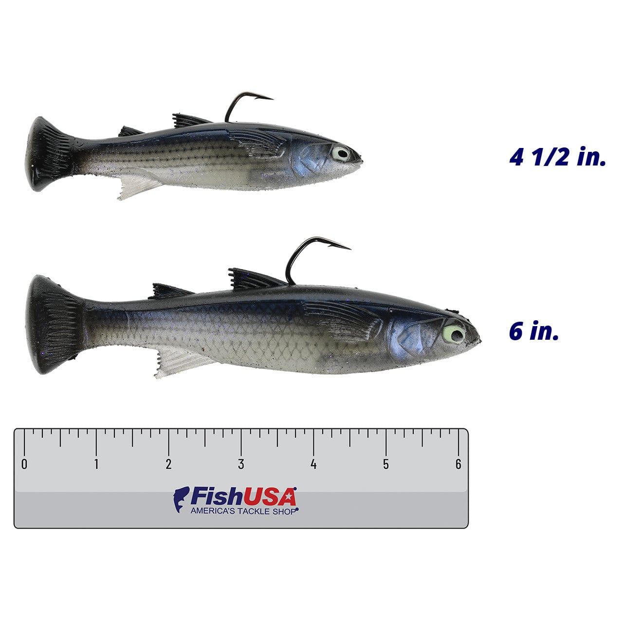 Z-Man Mulletron LT Swimbait - Moderate Sink color Glow Mullet in both sizes (4 1/2in., 6in.) above a 6 inch FishUSA ruler
