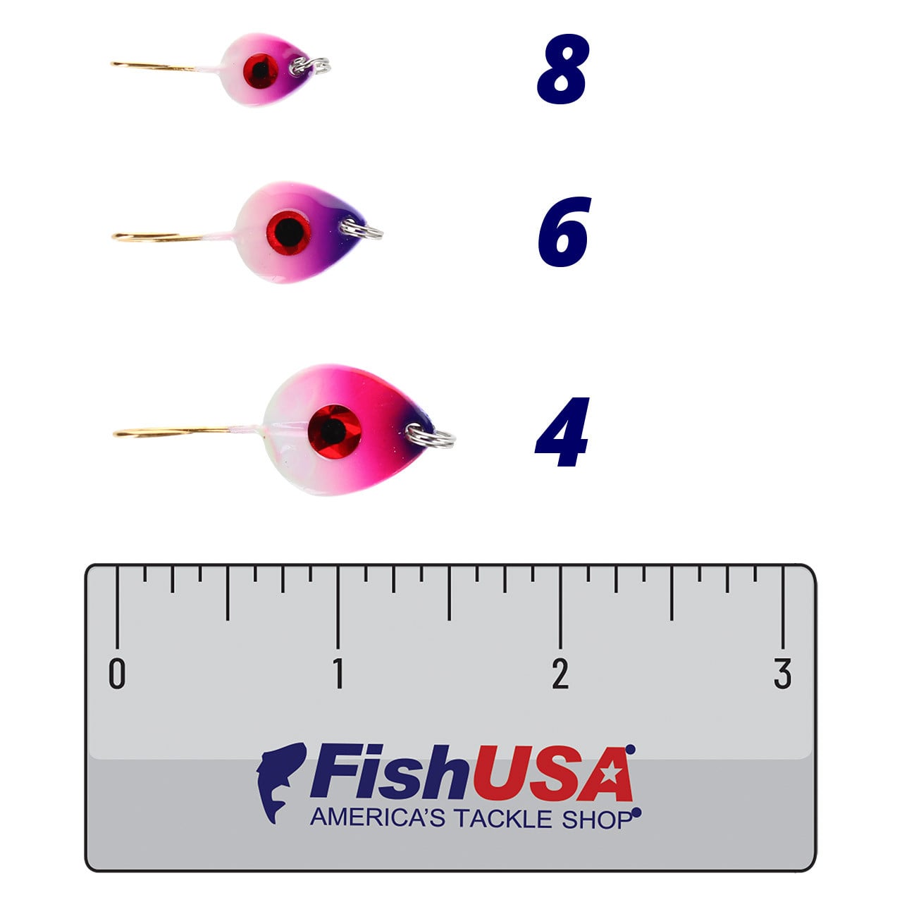 JB Lures Tungsten Gem-N-Eye Jig color Purple Pink Glow in all sizes (4, 6, 8) above a 3 inch FishUSA ruler
