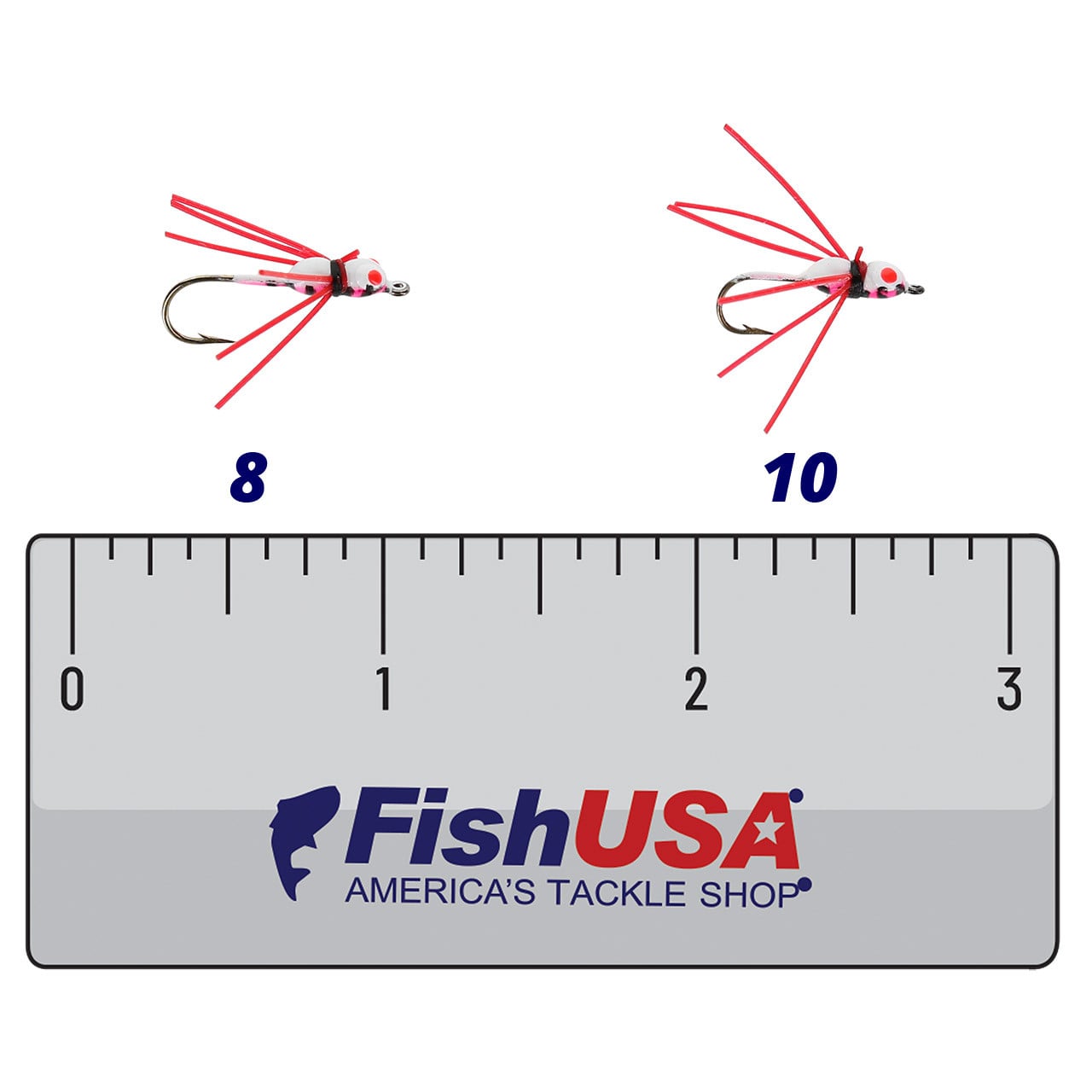 JB Lures Tungsten Ant Jig color Glow Pink in both sizes (8, 10) above a 3 inch FishUSA ruler