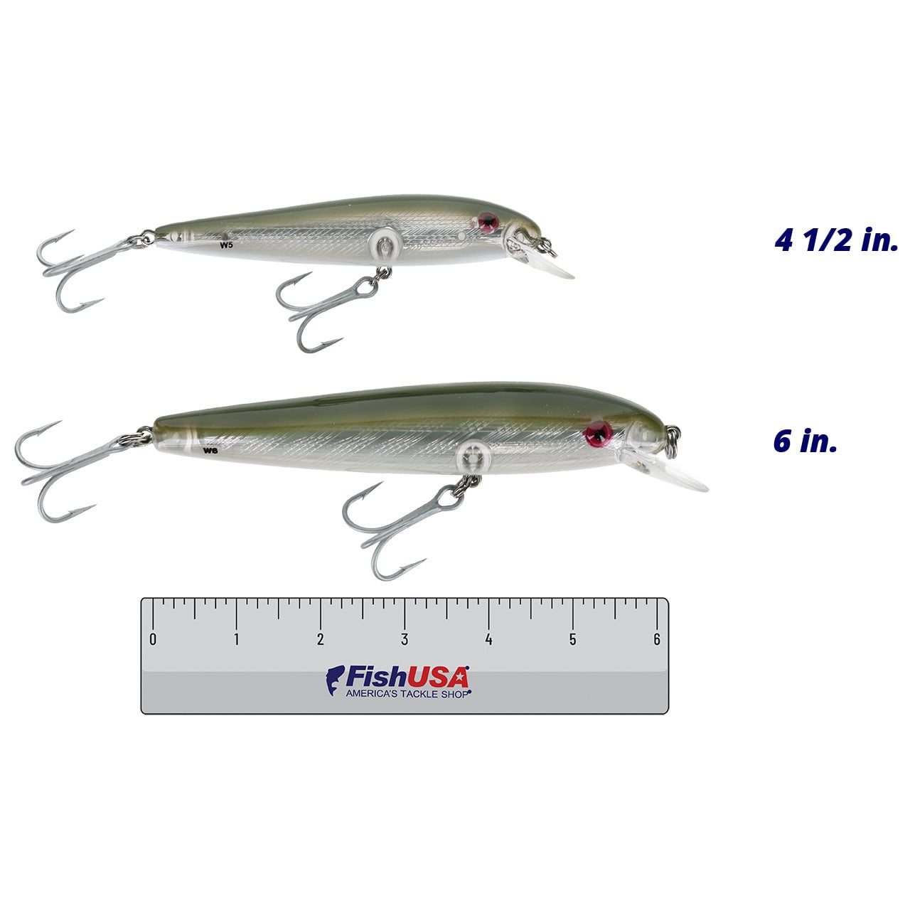 Bomber Saltwater Wind-Cheater Hardbait color Silver-Green Back in both sizes (4 1/2 in., 6 in.) above a 6 inch FishUSA ruler
