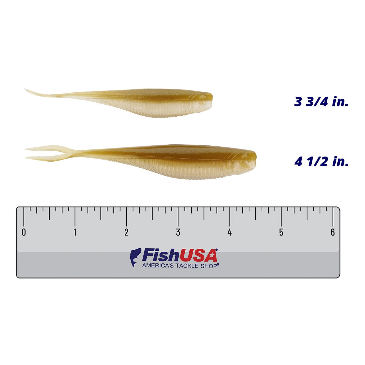 X Zone Lures Rally Shad Soft Bait color Sweet Fish in both sizes (3 3/4 in., 4 1/2 in.) above a 6 inch FishUSA ruler