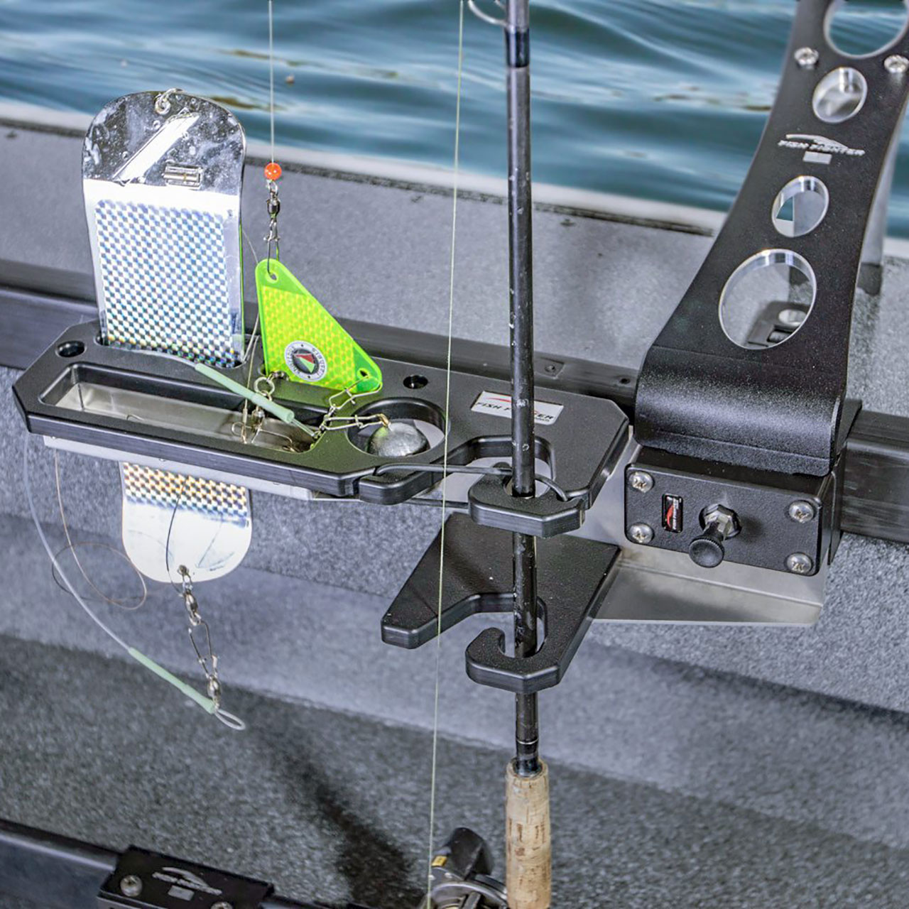Fish Fighter Tackle Tender in use, rod, flashers, & accessories are not included
