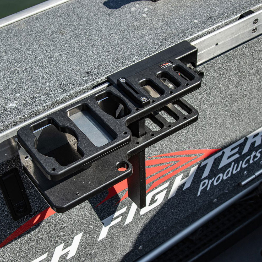 Fish Fighter Knife and Plier Organizer with Scent Station attached to boat