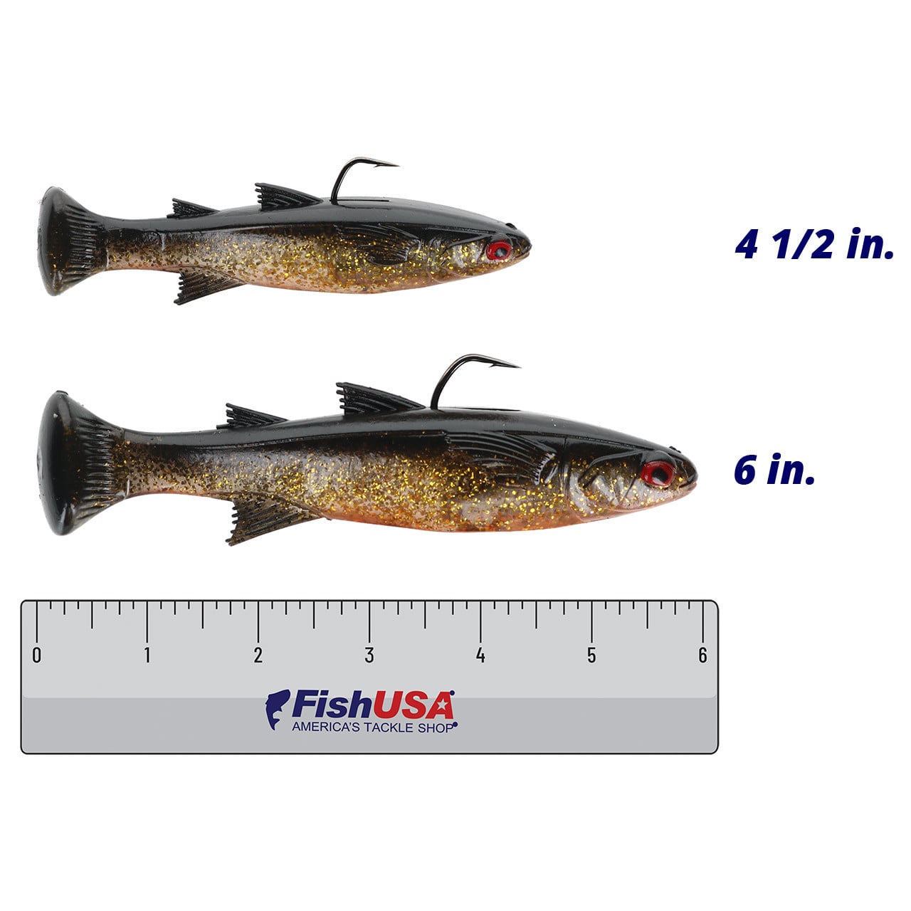 Z-Man Mulletron LT Swimbait - Fast Sink color Goldrush in both sizes (4 1/2 in. 6 in.) above a 6 inch FishUSA ruler