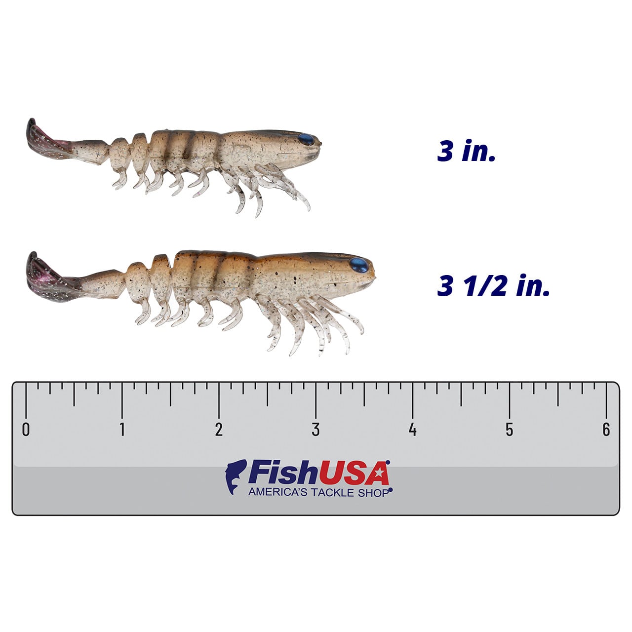 Z-Man Prawnstarz Loose Body Soft Bait color Natural Shrimp in both sizes (3 in., 3 1/2 in.) above a 6 inch FishUSA ruler