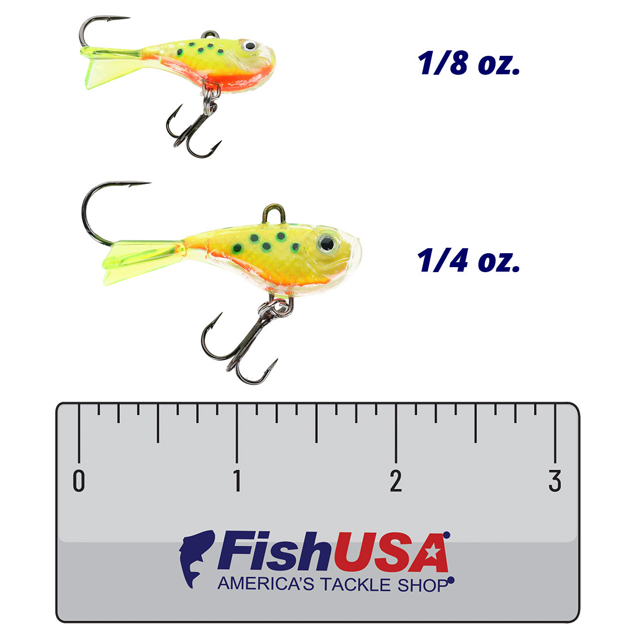 Northland Twitchin Puppet Jigging Lure color Sneeze in both sizes (1/8 oz., 1/4 oz.) above a 3 inch FishUSA ruler