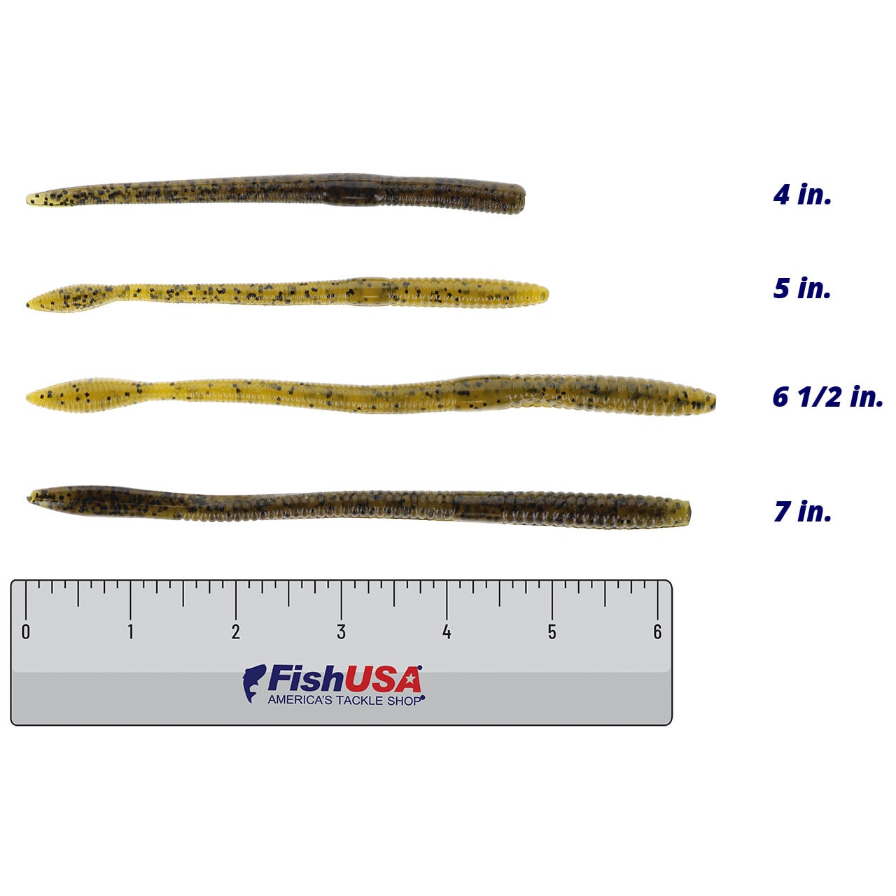 Strike King KVD Perfect Plastics Finesse Worm color Green Pumpkin in all sizes (4 in., 5 in., 6 1/2 in., 7 in.) above a 6 inch FishUSA ruler