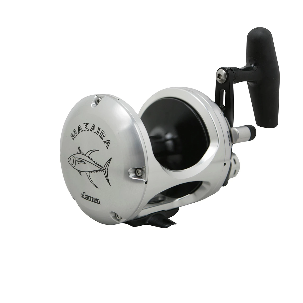 Okuma Makaira Special Edition Lever Drag Conventional Reel opposite side with etched Yellowfin Tuna