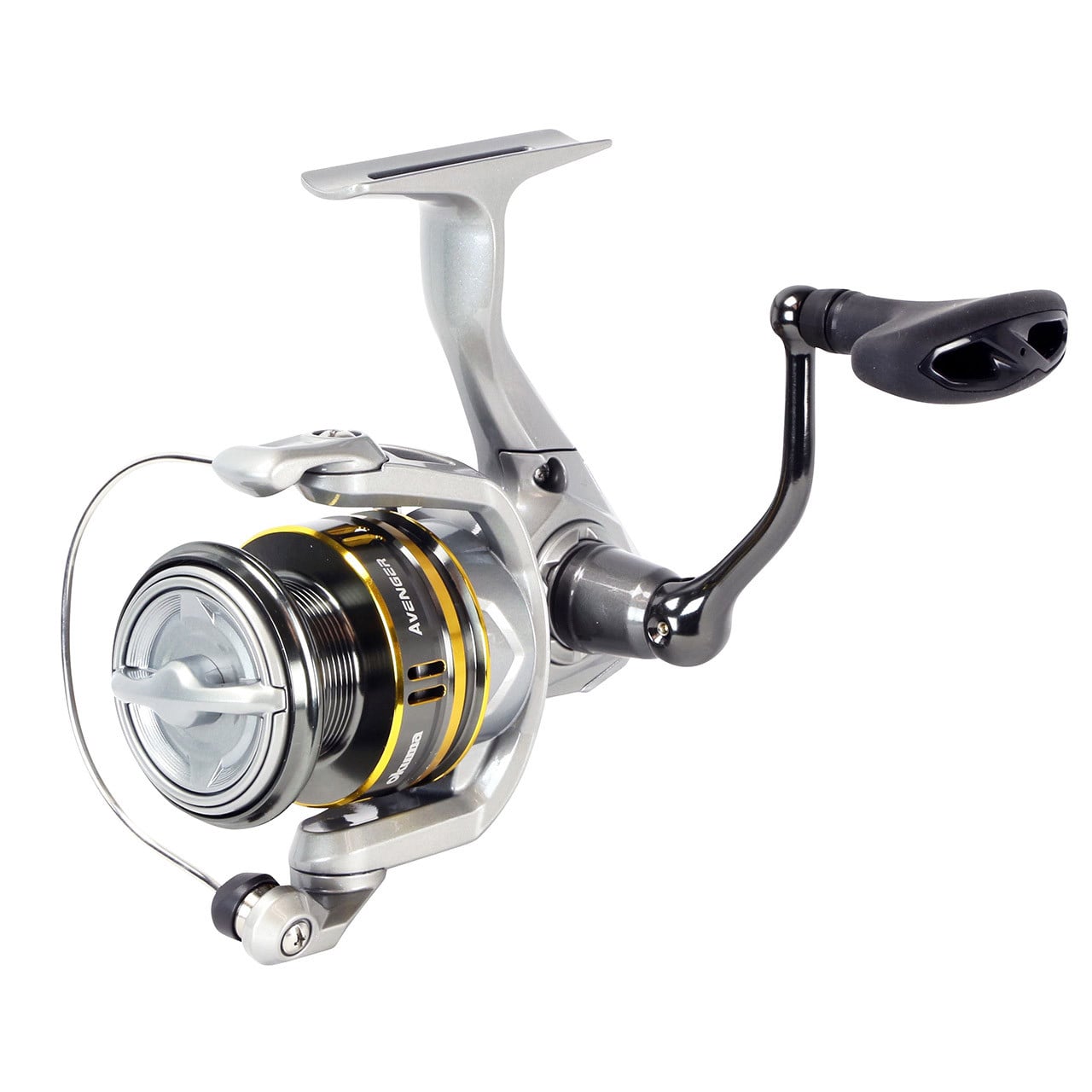 Okuma Avenger B Spinning Reel angled front view showing spool and reel handle