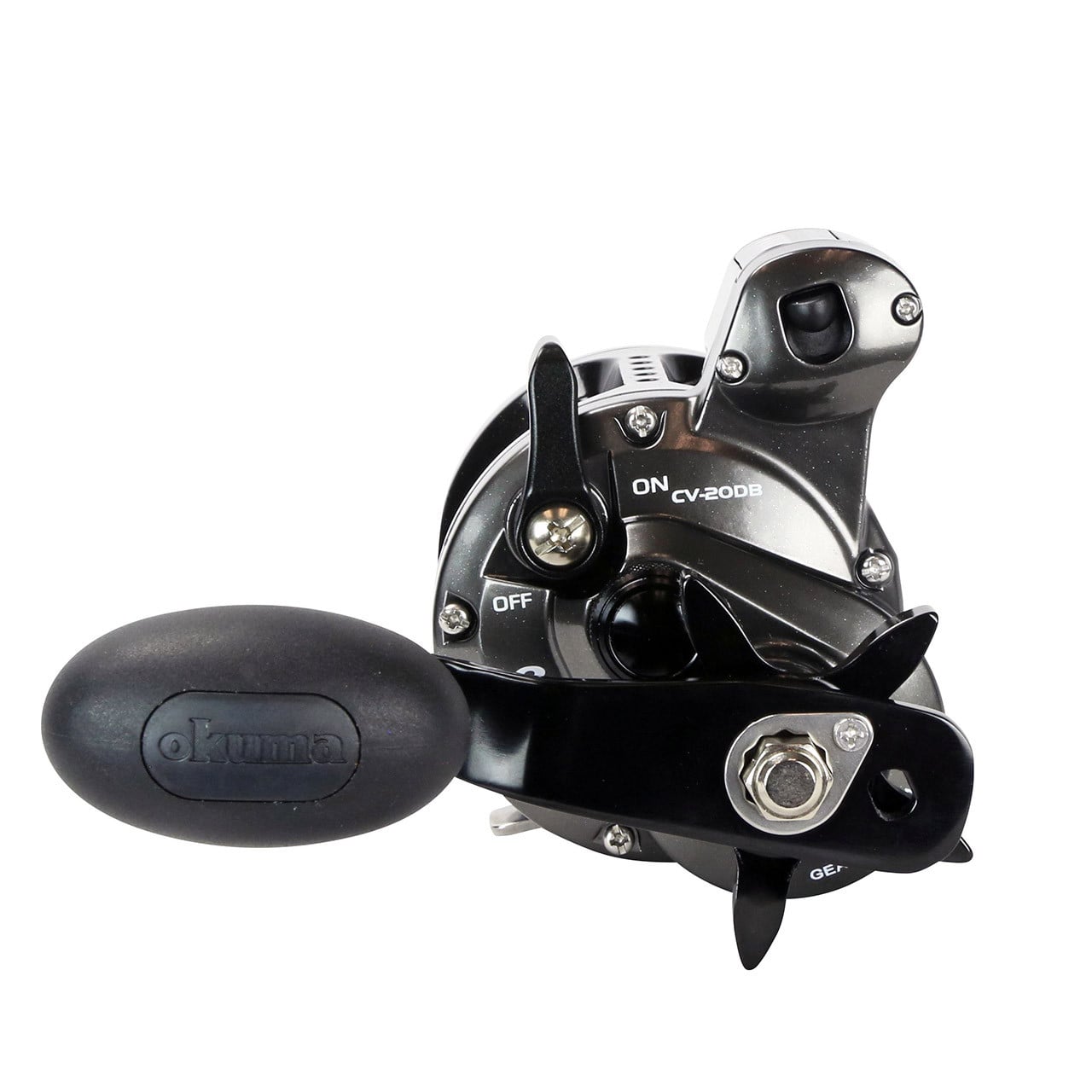 Okuma Convector B Linecounter Trolling Reel model CV-20DB right hand retrieve side view of reel handle