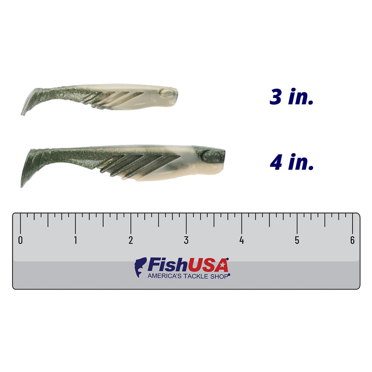 Berkley Gulp! Saltwater Ripple Mullet color Sardine in both sizes (3 in., 4 in.) above a 6 inch FishUSA ruler