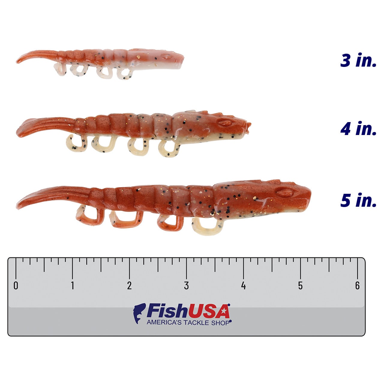 Berkley Gulp! Saltwater Turbo Shrimp color New Penny in all sizes (3 in., 4 in., 5 in.) above a 6 inch FishUSA ruler