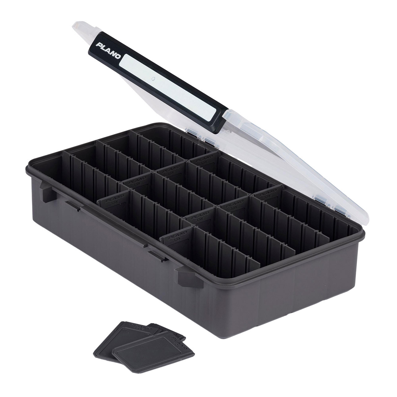 Plano StowAway Deep Tackle Box model 3700 opened at an angle with included dividers