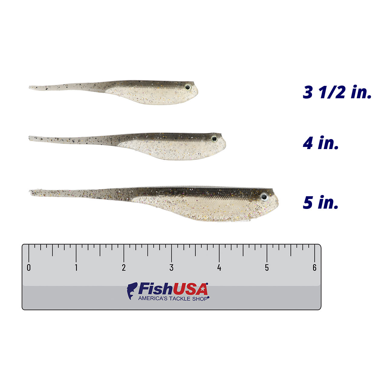 Jenko Tremor Shad color Spark in all sizes (3 1/2 in., 4 in., 5 in.) above a 6 inch FishUSA ruler