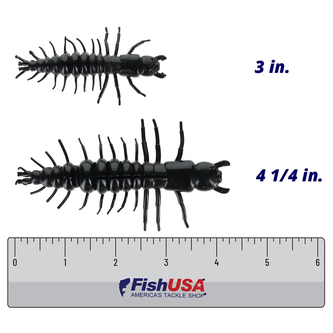 Nikko Sinking Hellgrammite color Obsidian in both sizes (3 in., 4 1/4 in.) above a 6 inch FishUSA ruler