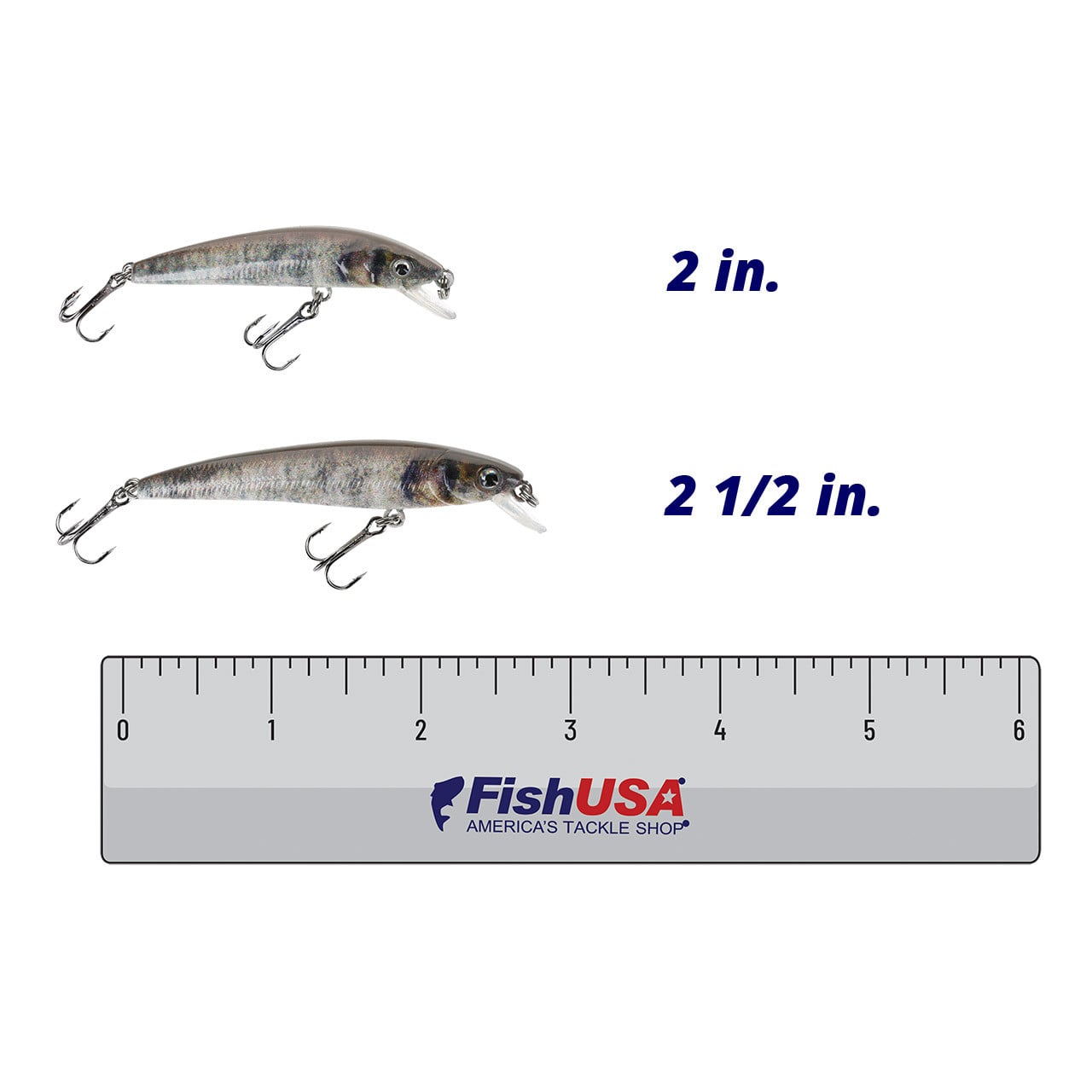 Max4 Micro Minnow color Smallie Brown in both sizes (2 in., 2 1/2 in.) above a 6 inch FishUSA ruler