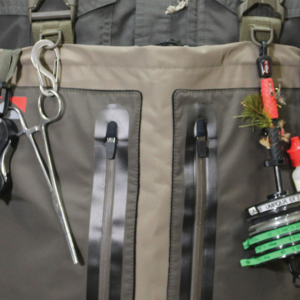 Paramount Outdoors Meridian Breathable Chest Waders up close of chest zippers and straps items on waders not included